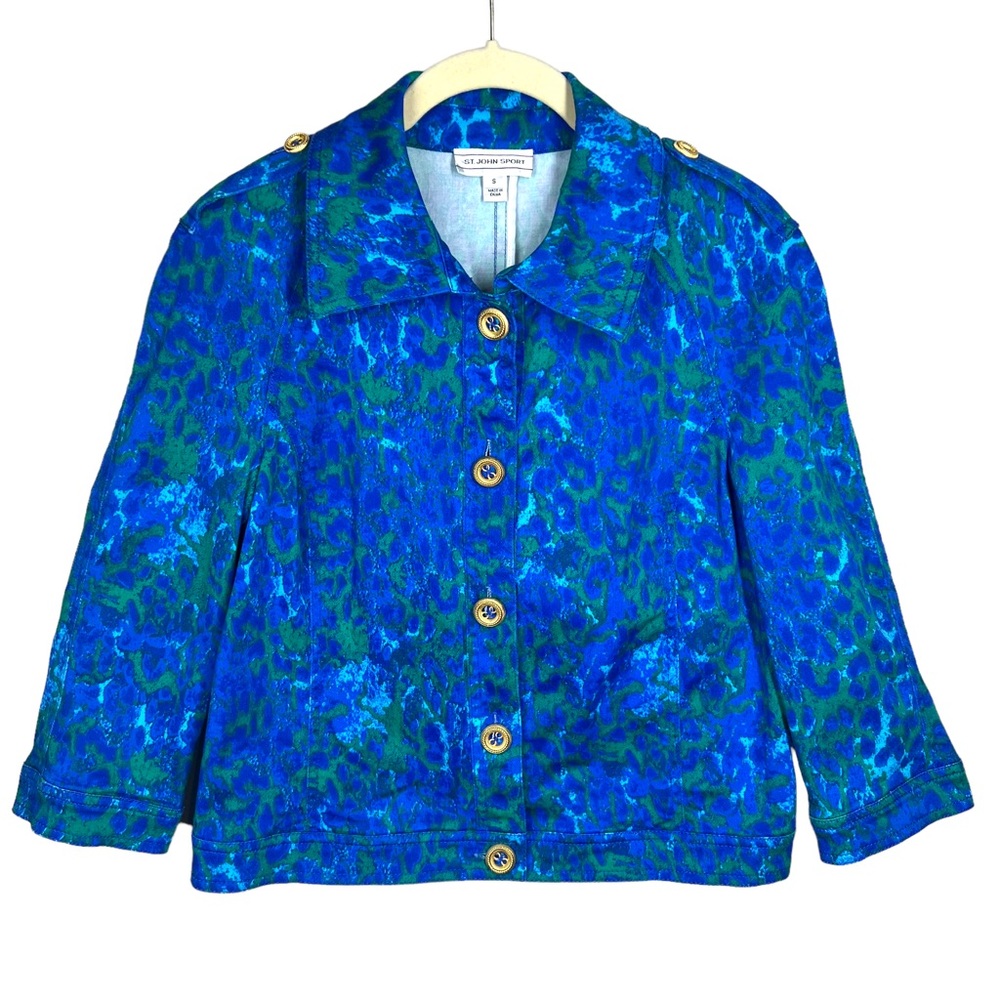 ST. JOHN Sport Leopard Blue Green Denim Jacket Size Small